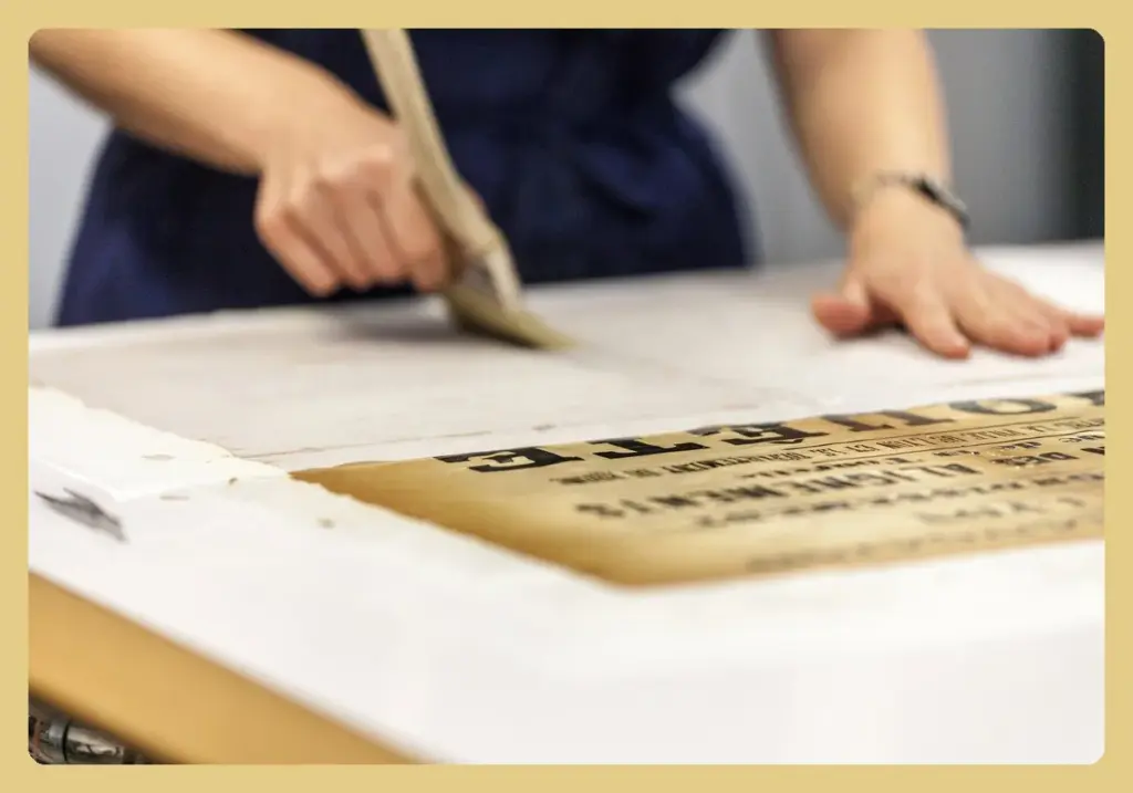 A paper conservator using a brush to treat a large old printed document on a work table