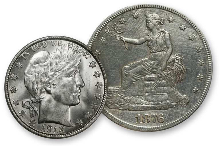 1913-D Barber half dollar beside an 1876-S Trade dollar, both uncirculated U.S. silver coins