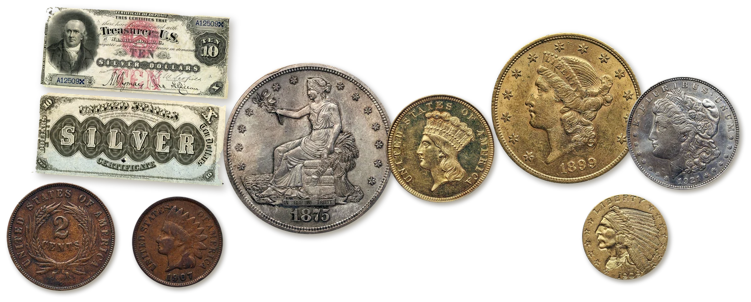 Rare coin buyers near me: 1878 ten dollar silver certificate, 1864 two-cent piece, 1907 Indian Head cent, 1875-S Trade dollar, 1854 three dollar gold piece, 1899 Liberty double eagle, 1921 Morgan dollar and 1909 Indian quarter eagle