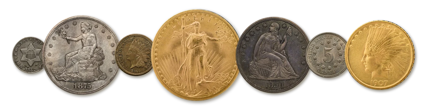 Rare U.S. coins collectors look for: 1852 three-cent silver, 1875 trade dollar, 1860 Indian Head cent, 1907 Saint-Gaudens $20 gold, 1850 Seated Liberty dollar, Shield nickel and 1907 Indian Head $10 gold
