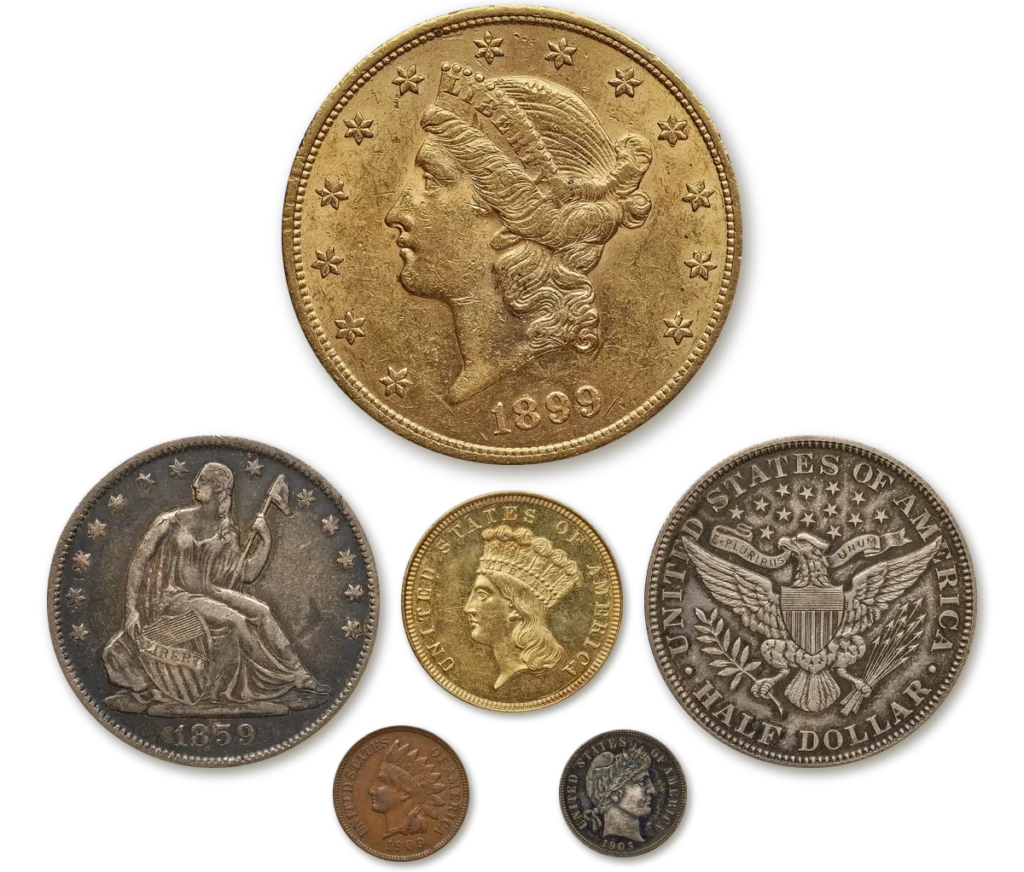 Rare U.S. coins collectors look for: 1899 Liberty Head $20 double eagle, 1859 Seated Liberty half dollar, 1854 three dollar gold piece, 1905 Barber half dollar, 1909 Indian Head cent and 1905 Barber dime