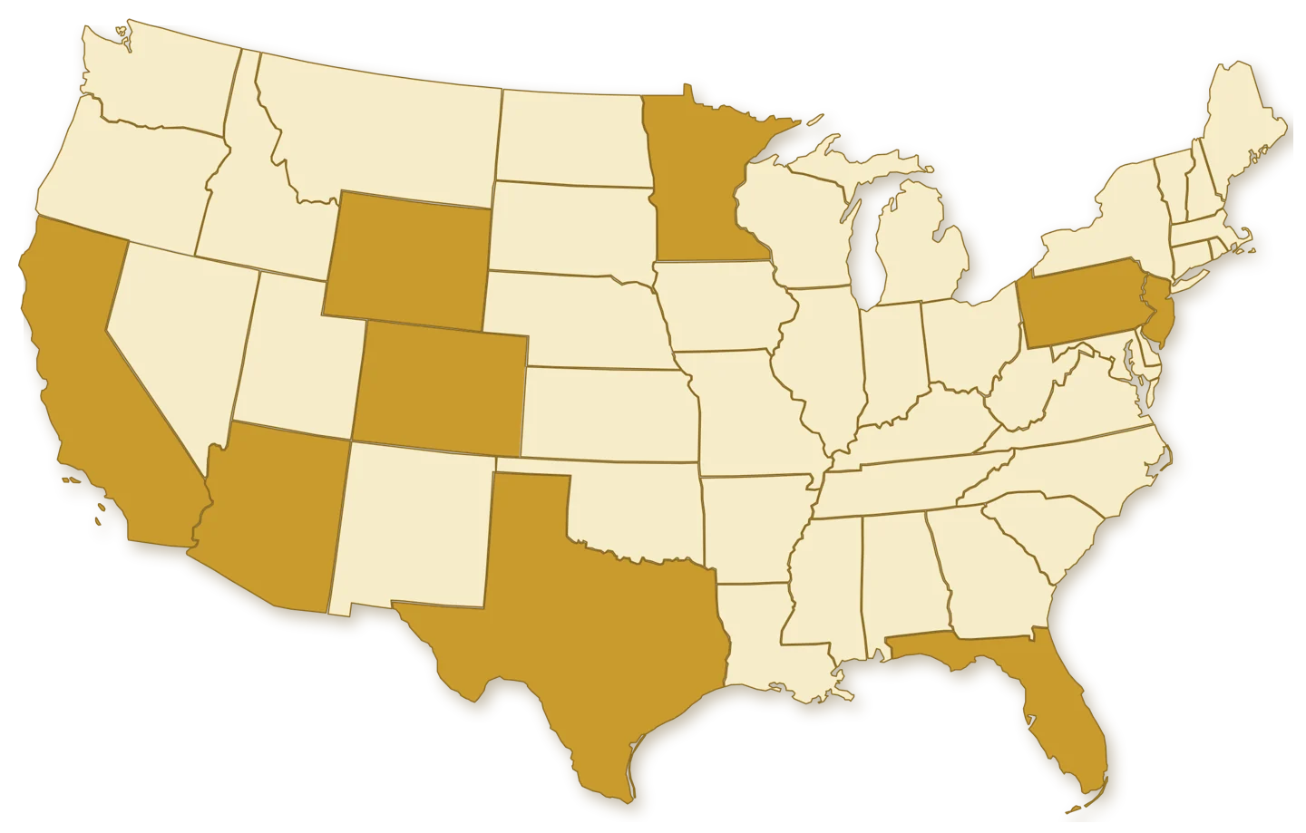 U.S. map highlighting the nine states where American Rarities has coin buyers: California, Colorado, Arizona, Minnesota, Texas, Florida, Pennsylvania, Wyoming and New Jersey