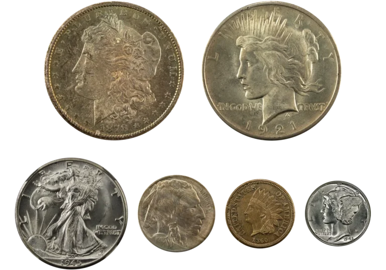 Morgan and Peace silver dollars, Walking Liberty half dollar, Buffalo nickel, Indian Head cent and Mercury dime