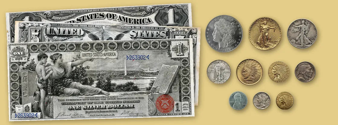 Fronts of an 1899 $1 Black Eagle silver certificate, an 1896 $5 and an 1896 $1 Educational silver certificate beside the obverses of U.S. gold, silver and copper coins, including an 1880-S Morgan dollar and a 1907 Saint-Gaudens $20 gold coin, on a gold background