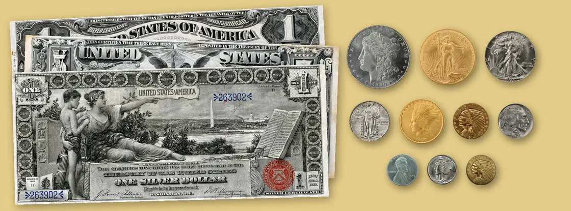 Fronts of an 1899 $1 Black Eagle silver certificate, an 1896 $5 and an 1896 $1 Educational silver certificate beside the obverses of U.S. gold, silver and copper coins, including an 1880-S Morgan dollar and a 1908-D Saint-Gaudens $20 gold coin, on a gold background