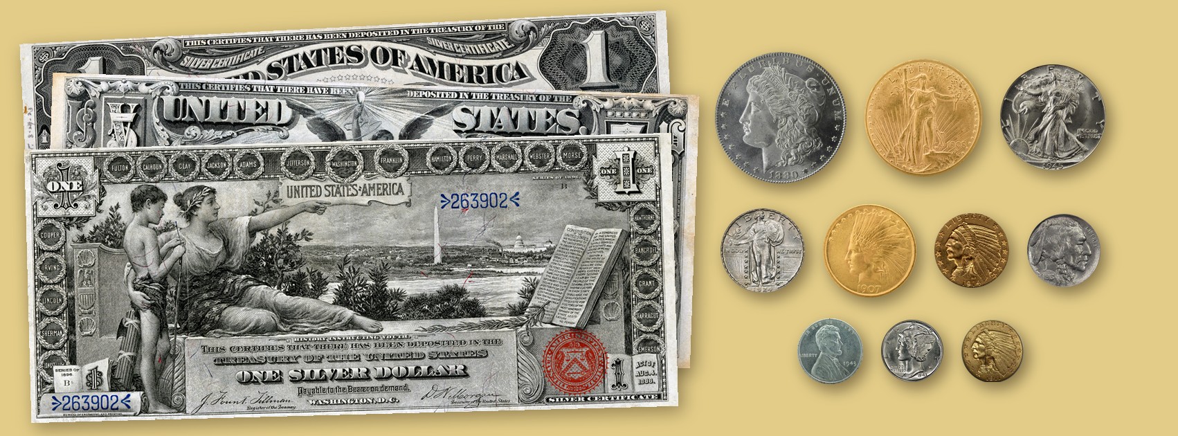 Fronts of an 1899 $1 Black Eagle silver certificate, an 1896 $5 and an 1896 $1 Educational silver certificate beside the obverses of U.S. gold, silver and copper coins, including an 1880-S Morgan dollar and a 1908-D Saint-Gaudens $20 gold coin, on a gold background