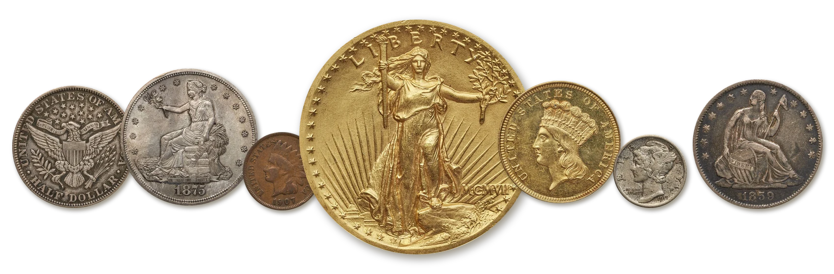 Valuable U.S. coins from a rare coins value list: 1905 Barber half dollar, 1875-S trade dollar, Indian Head cent, 1907 High Relief Saint-Gaudens double eagle, 1854 three dollar gold piece, Mercury dime and 1859 Seated Liberty half dollar