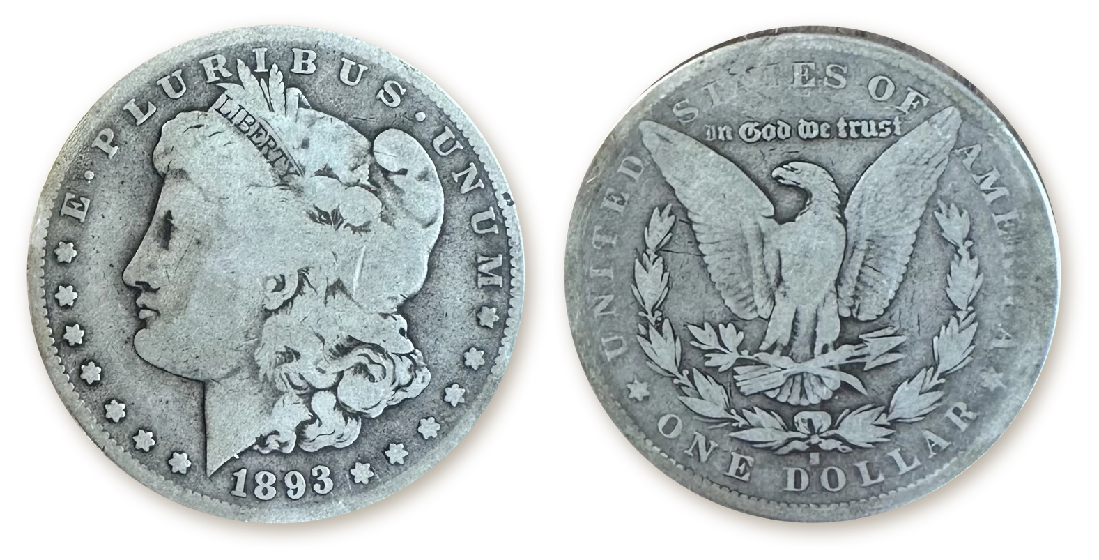 Rare Morgan silver dollar: an 1893-S Morgan dollar, the lowest-mintage San Francisco date, obverse and reverse