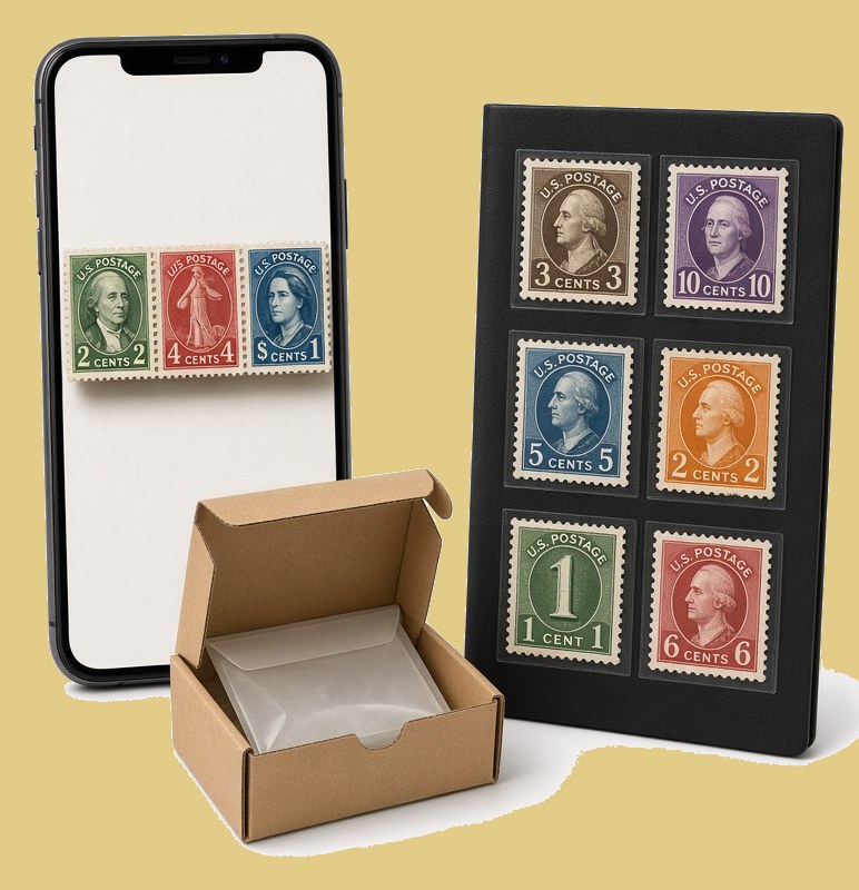 Smartphone showing stamps beside a kraft mailer with a glassine envelope and a black stock page of U.S. stamps