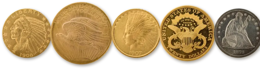 Indian Head half eagle and eagle, Saint-Gaudens and Liberty Head double eagle reverses and a Seated Liberty silver dollar in a row