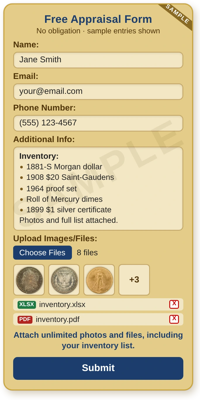 Sample American Rarities free coin appraisal form filled in with a name, email, phone, inventory list and attached coin photos and inventory files