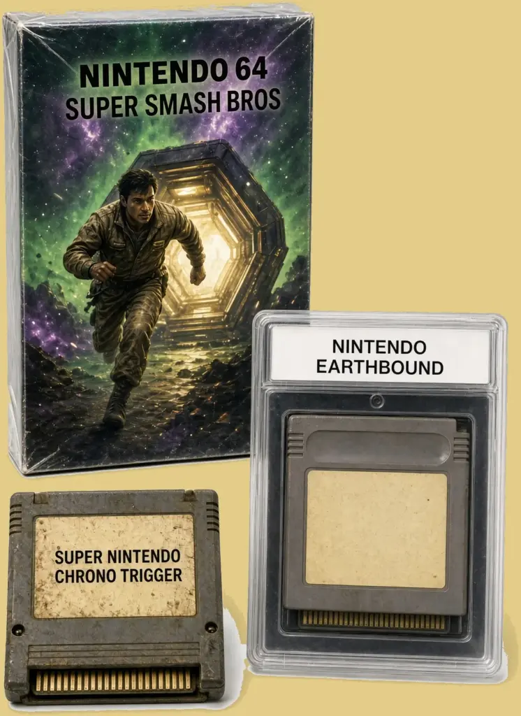 Stylized sealed game box, a loose cartridge and a cartridge in a clear graded-style case