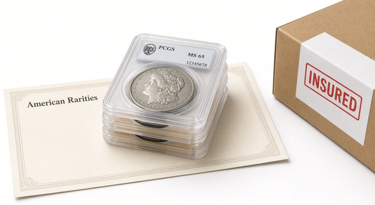 A settlement package for a rare coin collection: certified coin slabs on an American Rarities payment check beside an insured shipping box.