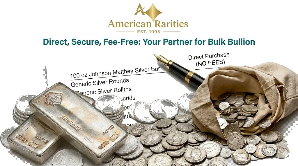 American Rarities direct purchase list with silver bullion bars and a bag of silver coins, no auction fees