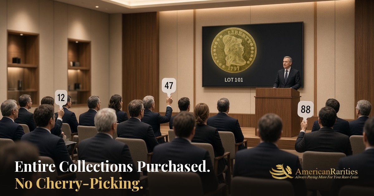 Bidders seated in a modern coin auction room as an auctioneer presents a rare gold coin on a large screen