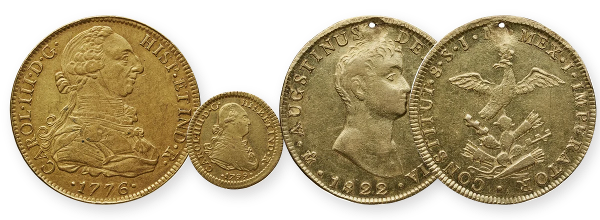 Escudos de oro de México: 8 escudos de Carlos III de 1776, 1 escudo de Carlos IV de 1799 y 8 escudos de Iturbide de 1822, por ambos lados