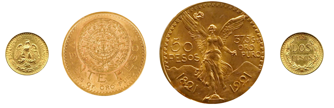 Pesos de oro mexicanos: 2 pesos de 1920 por ambos lados, 20 pesos de 1921 con el calendario azteca y Centenario de 50 pesos de 1921
