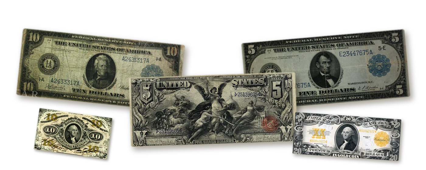 Paper money collection to sell: 1914 $10 and $5 Federal Reserve Notes, 1896 $5 Educational Silver Certificate, 1922 $20 Gold Certificate and 10-cent fractional note