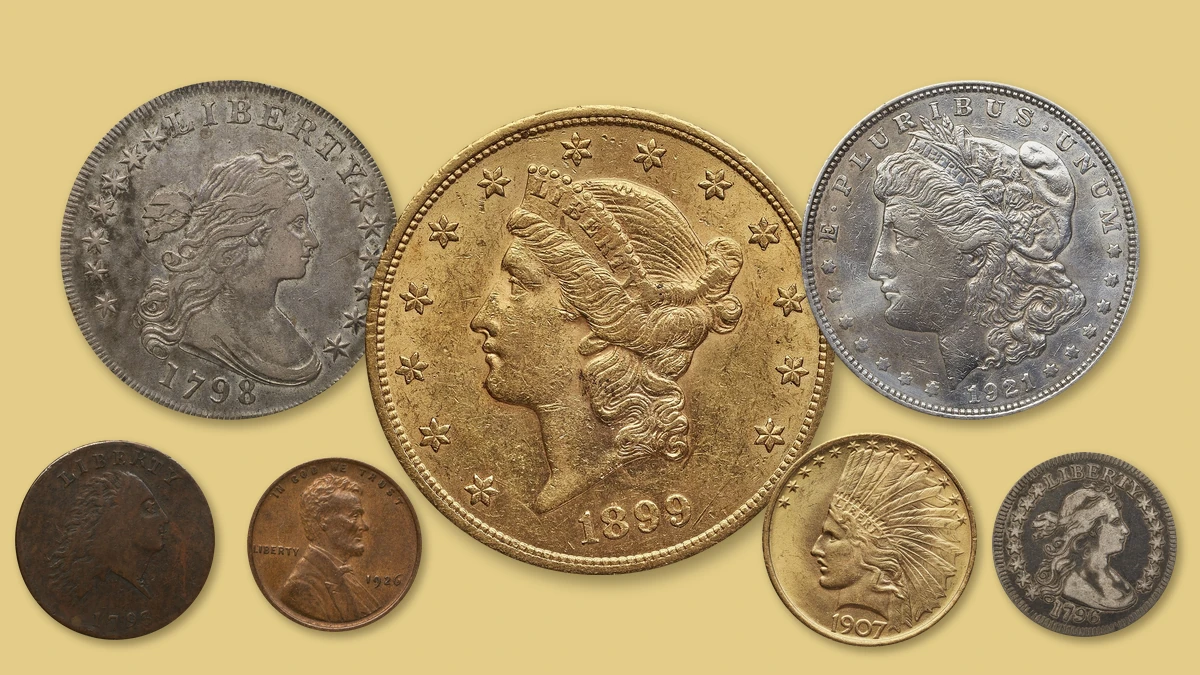Rare U.S. coins we buy: a 1798 Draped Bust dollar, 1793 large cent, Lincoln cent, 1899 $20 Liberty gold, 1921 Morgan dollar, 1907 Indian Head $10 and 1796 quarter on a gold background