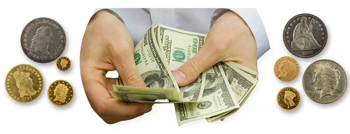 Hands counting cash between a 1795 Flowing Hair dollar, early U.S. gold coins, an 1873 Seated Liberty dollar and a 1921 Peace dollar