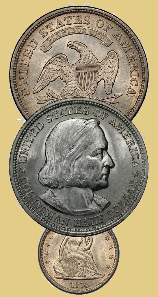 Rare U.S. silver coins including a Columbian Half Dollar and an 1873 Seated Liberty coin