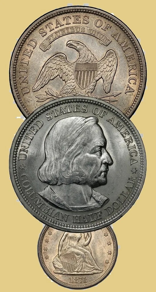 Rare U.S. silver coins including a Columbian Half Dollar and an 1873 Seated Liberty coin