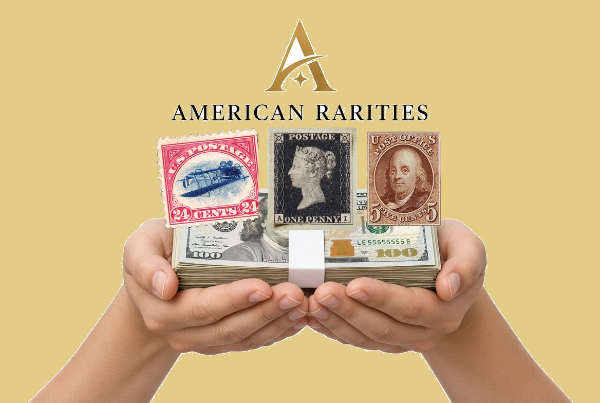 American Rarities logo above hands holding U.S. hundred-dollar bills with an Inverted Jenny, a Penny Black, and an 1847 Franklin stamp