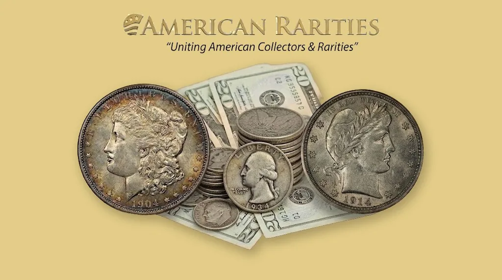 American Rarities logo above a 1904 Morgan silver dollar, a 1914 Barber half dollar, a 1934 Washington quarter, a Roosevelt dime, and stacked silver dollars on $20 bills