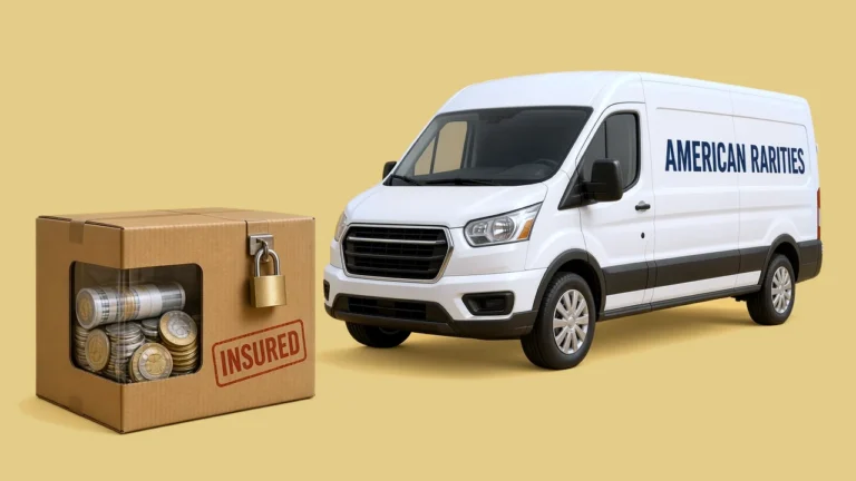 White delivery van lettered AMERICAN RARITIES beside a corrugated cardboard carton with a window showing coin rolls and silver and gold coins, a brass padlock and red INSURED stamp