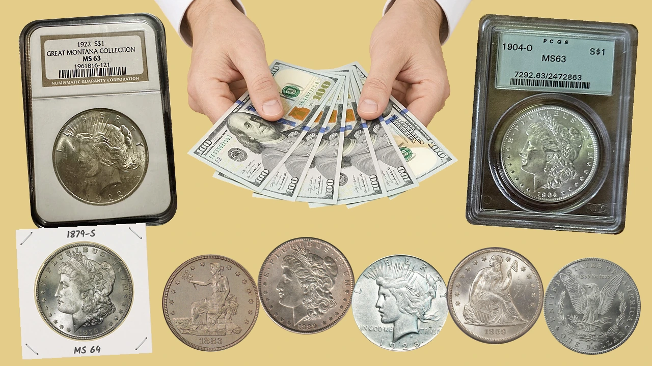 Hands in white shirt cuffs offering a fan of $100 bills, with an NGC certified 1922 Peace dollar, a PCGS certified 1904-O Morgan dollar, Morgan, Peace, Seated Liberty and Trade silver dollars and an 1879-S Morgan in a 2x2 flip
