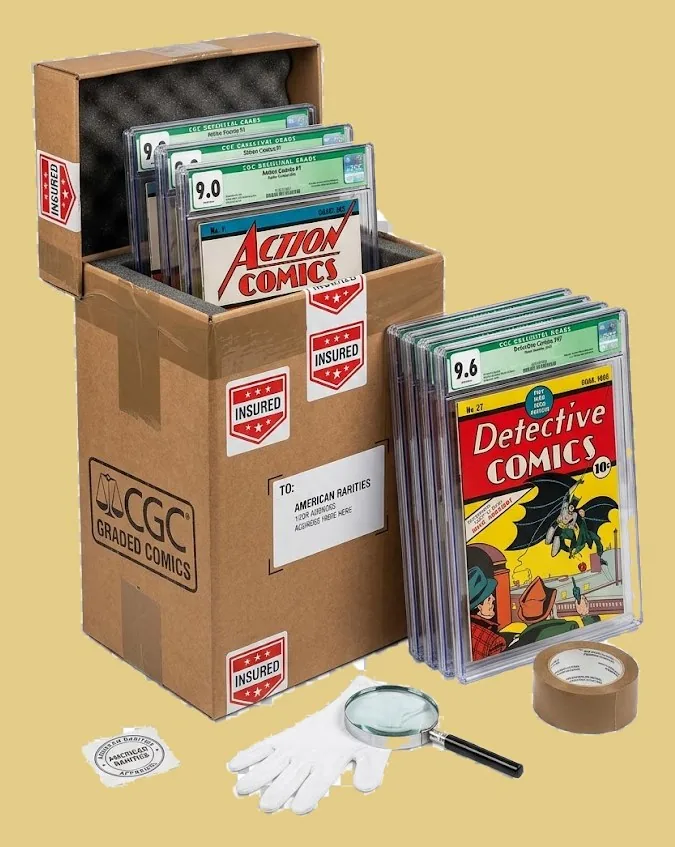 Insured shipping box of graded comic books addressed to American Rarities with a Detective Comics No. 27 cover, magnifier and glove