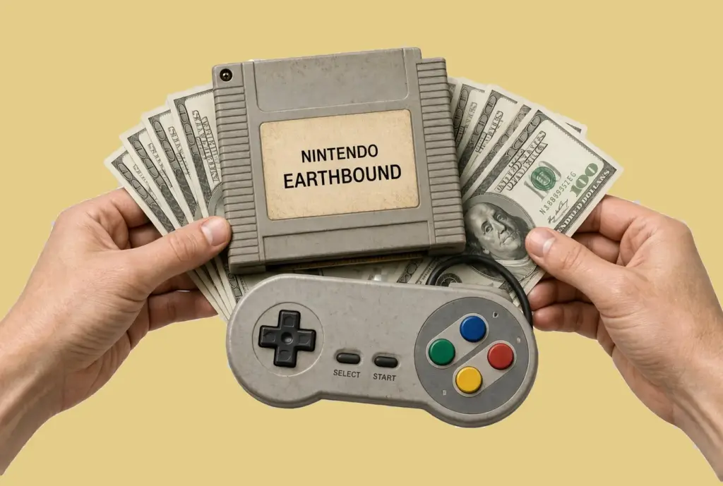 Hands holding hundred-dollar bills behind a retro game cartridge and a vintage-style controller