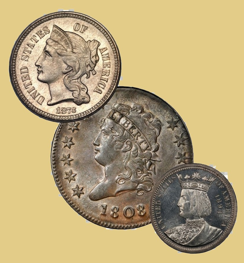 1873 three-cent nickel, 1808 Classic Head copper coin and 1893 Isabella quarter