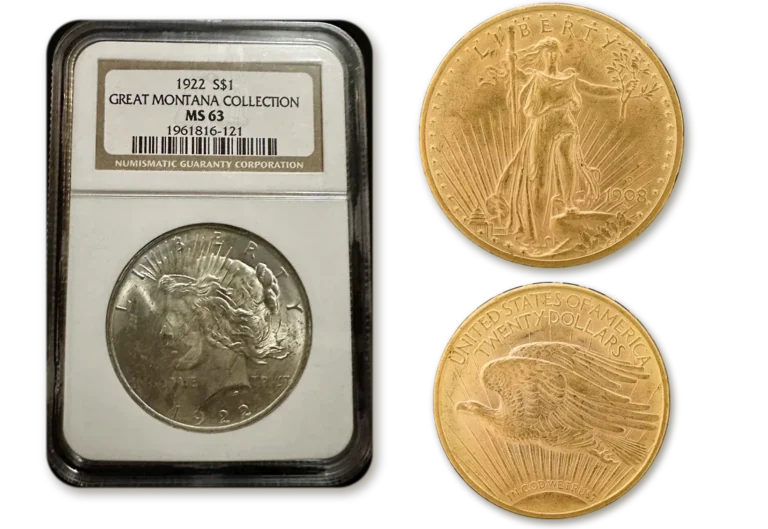 NGC certified 1922 Peace silver dollar graded MS63 beside both sides of a 1908-D Saint-Gaudens $20 gold double eagle, the kind of coins sold to collectors or dealers