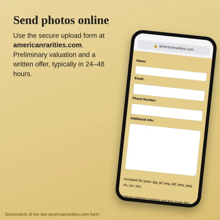 Tilted phone showing the americanrarities.com coin photo upload form beside the words Send photos online