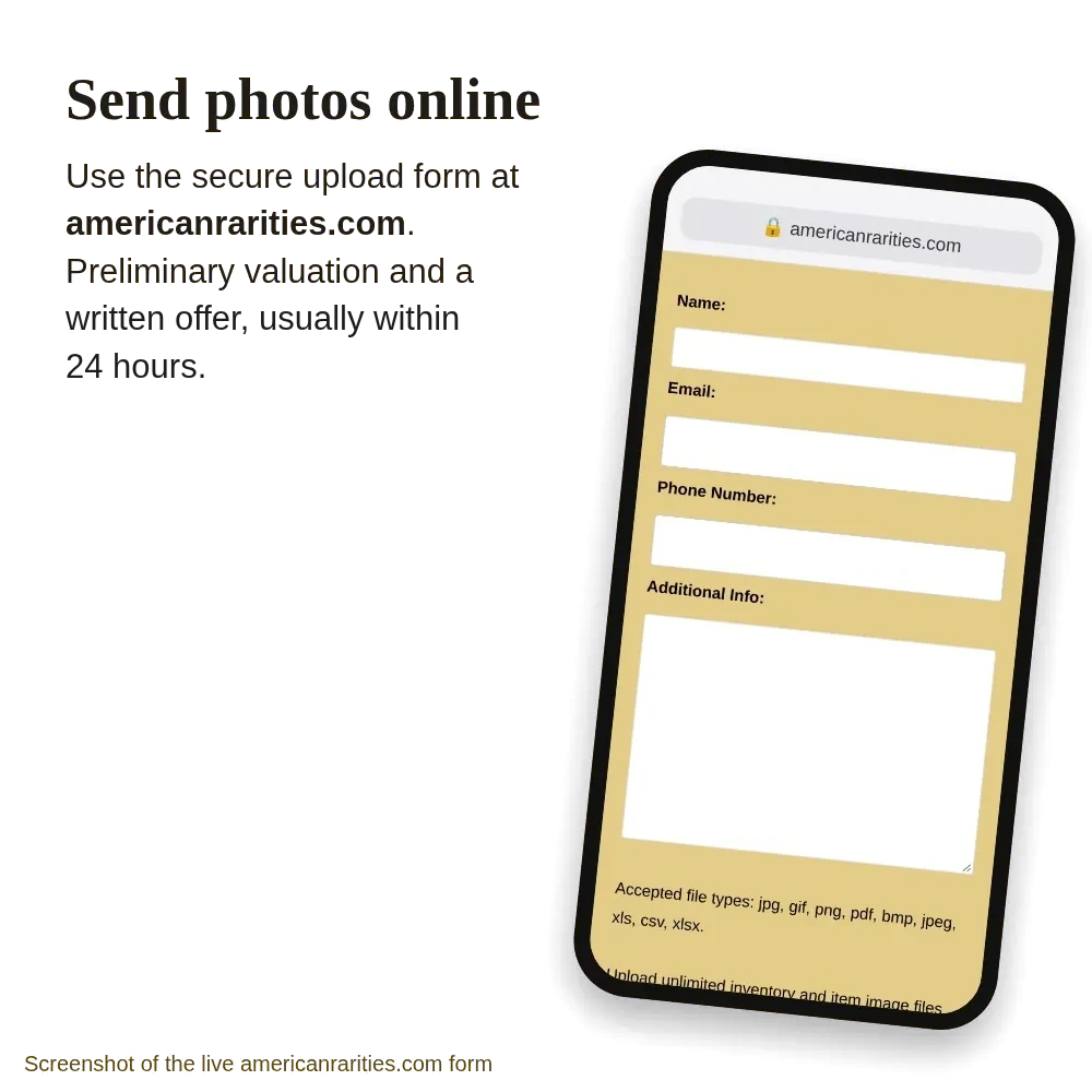 Tilted phone showing the americanrarities.com coin photo upload form beside the words Send photos online, on a transparent background