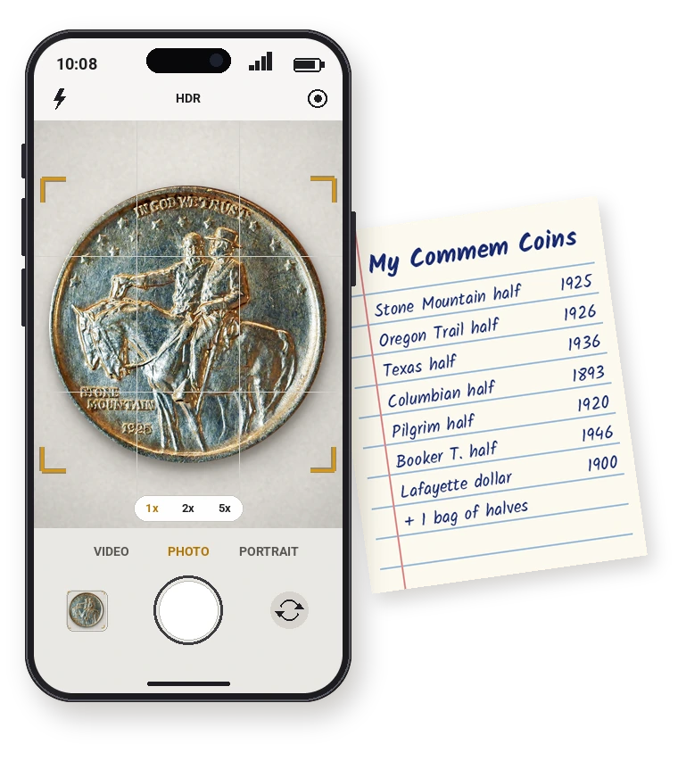 Smartphone camera photographing a 1925 Stone Mountain commemorative half dollar next to a handwritten list of commemorative coins