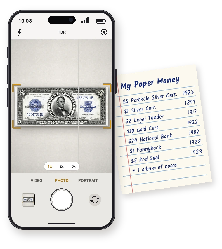 Close-up smartphone camera photographing a 1923 five dollar Porthole silver certificate next to a handwritten list of paper money for a free appraisal