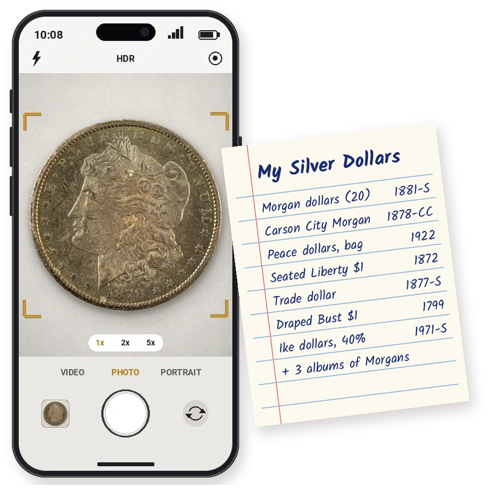 A smartphone photographing an 1878-CC Morgan dollar beside a handwritten list of silver dollars to sell, including Morgan, Peace, Seated Liberty, Trade, Draped Bust and Ike dollars