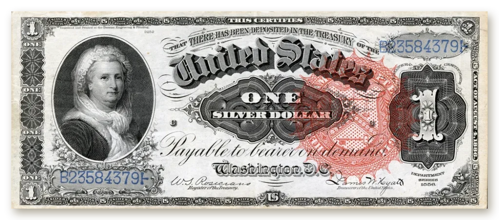 Face of a Series 1886 one dollar silver certificate large-size note with a portrait of Martha Washington