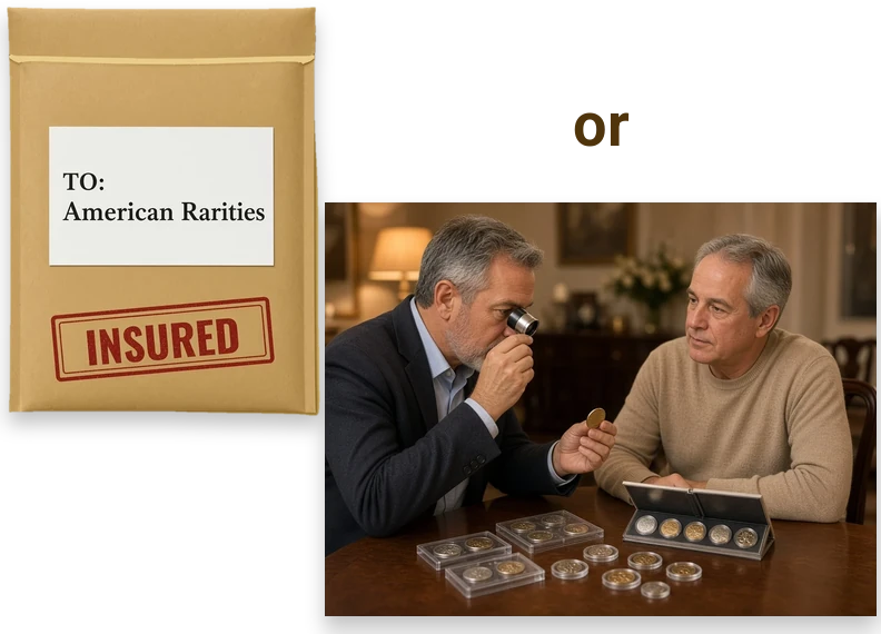 Insured padded mailer addressed to American Rarities, the word or, and an American Rarities buyer examining a gold coin with a loupe at a seller's dining room table