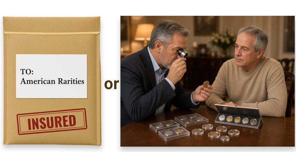 Insured padded mailer addressed to American Rarities beside the word or and an American Rarities buyer examining a gold coin with a loupe at a seller's dining room table