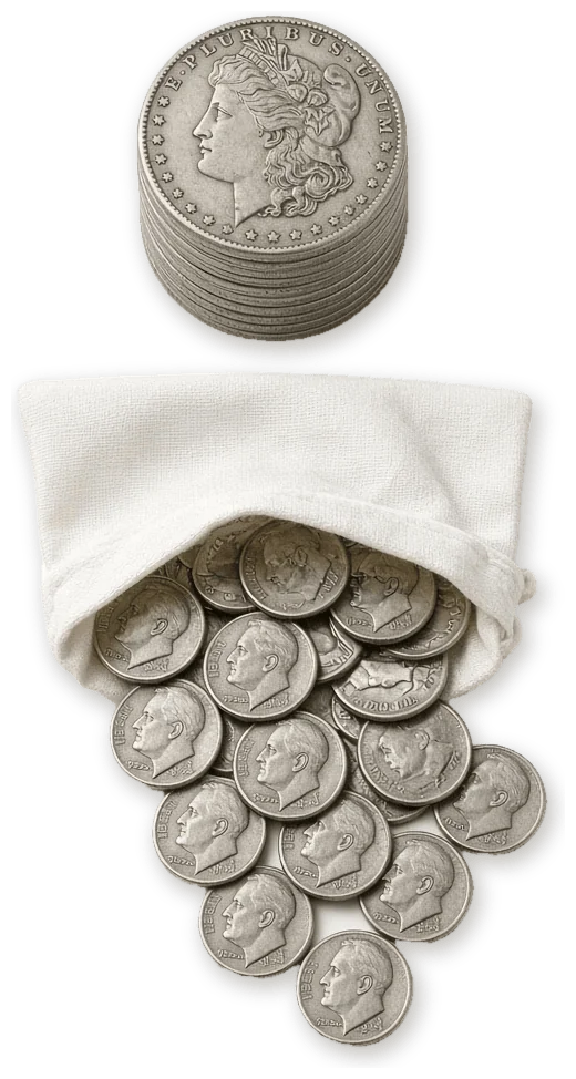Canvas coin bag spilling 90% silver Roosevelt dimes below a stack of Morgan silver dollars