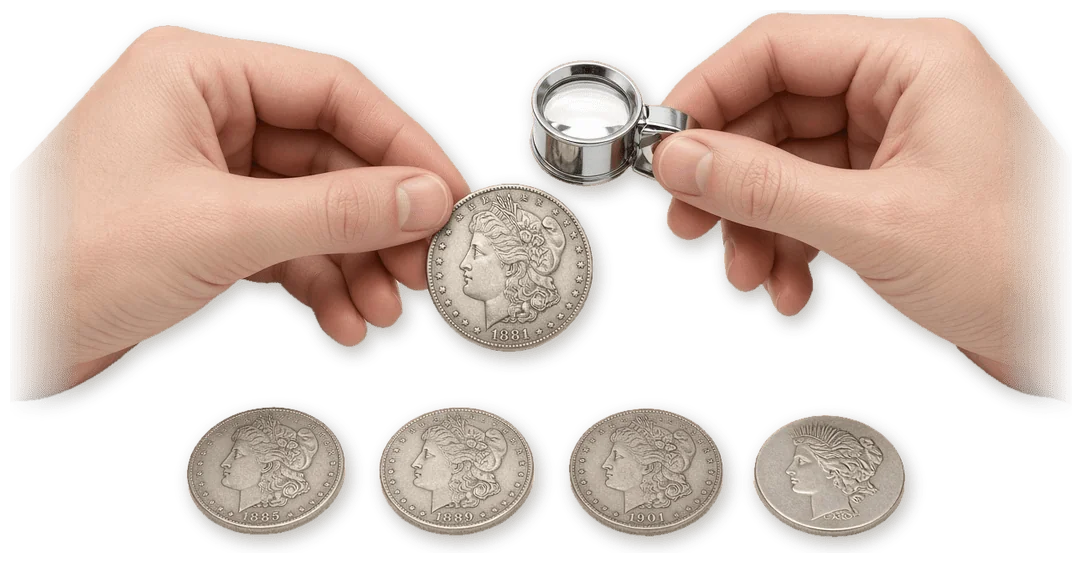 Silver coin buyer holding an 1881 Morgan silver dollar under a jeweler's loupe above a row of Morgan dollars and a Peace dollar
