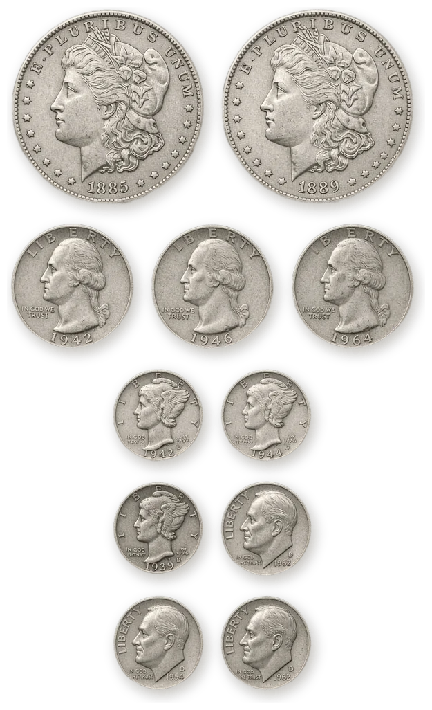 Two Morgan silver dollars above rows of Washington silver quarters and Mercury and Roosevelt silver dimes shown at true relative size
