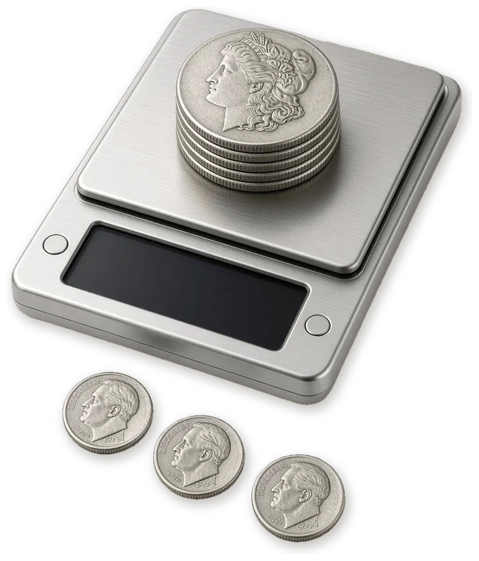 Stack of Morgan silver dollars on a brushed-steel precision scale with three Roosevelt silver dimes in front