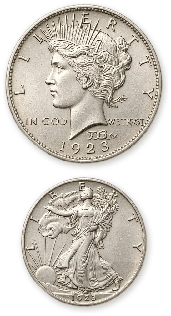 1923 Peace silver dollar above a Walking Liberty half dollar, both lustrous high-grade silver coins