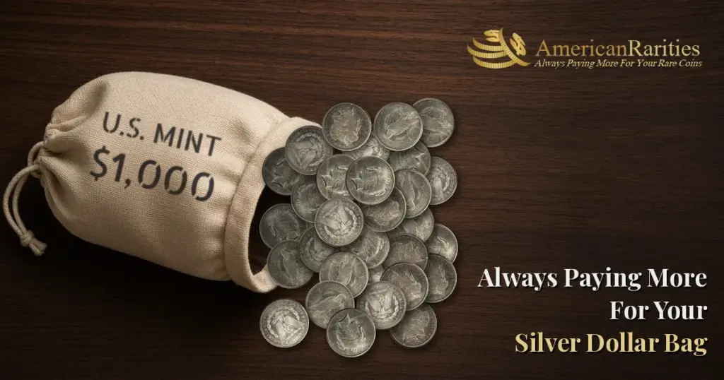 Canvas U.S. Mint $1,000 face value silver dollar bag spilling circulated Morgan and Peace silver dollars onto a dark wood table