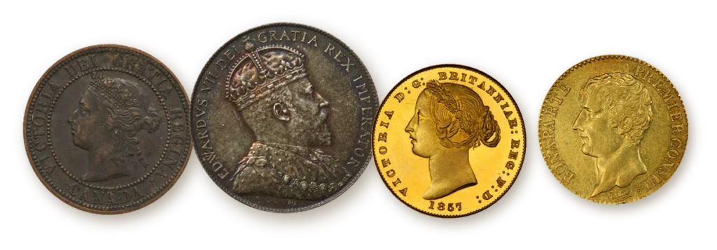 Sorting world coins by metal: an 1882 Canada copper large cent, a 1908 Canada silver 50 cents, an 1857 Australia gold sovereign and a French 20 francs gold coin of Napoleon as First Consul
