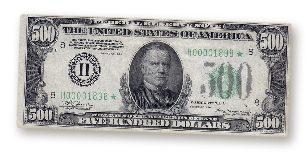 Star note with low serial number: Series 1934 $500 Federal Reserve Note from St. Louis, serial H00001898 with a star replacement symbol